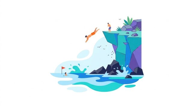 Minimalist vector illustration of man cliff diving into ocean water on white background.