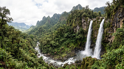 Obraz premium Twin waterfalls in a lush jungle valley.