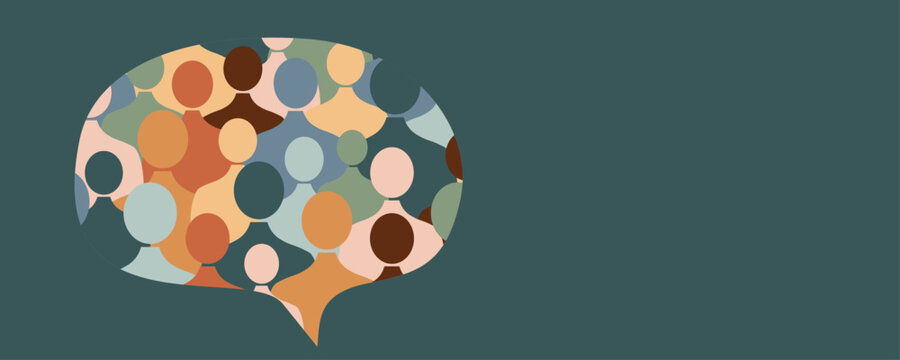 Colourful illustration with people silhouettes in chat bubble. 