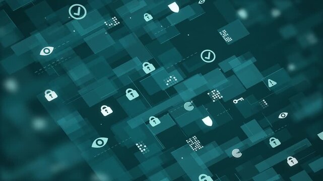Teal padlock, shield, eye, and checkmark icons in a diagonal pattern on a dark teal background, for data protection themes