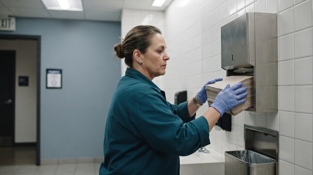 Hygiene worker restocks towels after washroom sanitation service