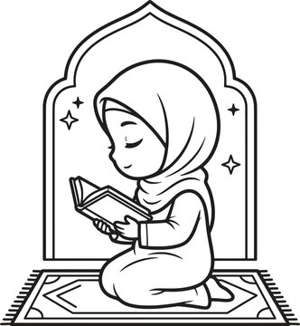 Cute little muslim girl in hijab reading the quran book on a prayer rug in a mosque arch frame line