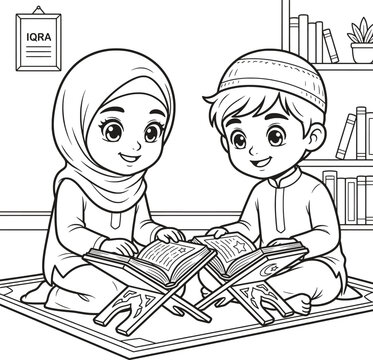Cute muslim boy and girl studying the quran together in a room for kids coloring book page activity