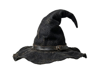Distressed black witch hat featuring a weathered leather belt with aged metal buckle shown in soft studio lighting on transparent background © Himel