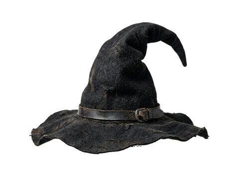 Distressed black witch hat featuring a weathered leather belt with aged metal buckle shown in soft studio lighting on transparent background