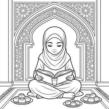 A young girl wearing a hijab sits on a prayer rug reading a book inside a mosque interior design isolated on a white background.