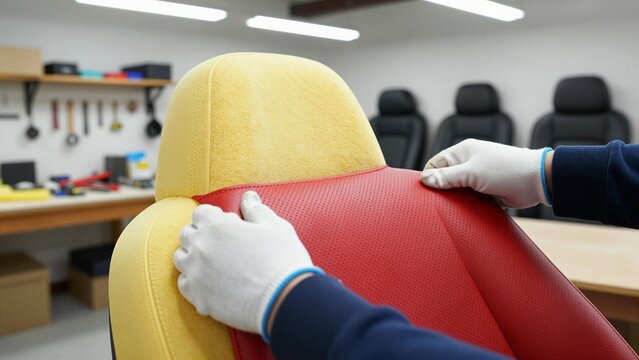 Skilled technician installs vibrant red and yellow custom upholstery on a car seat within an organized automotive repair workshop.