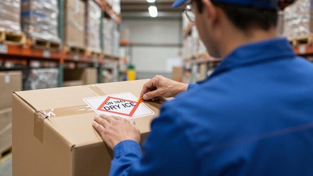 A warehouse worker carefully applies a hazardous material label to a cardboard box containing dry ice in an industrial storage facility.