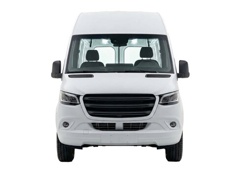 Modern white cargo van featuring a sleek aerodynamic front grille and bright headlights presented for professional commercial transportation on transparent background