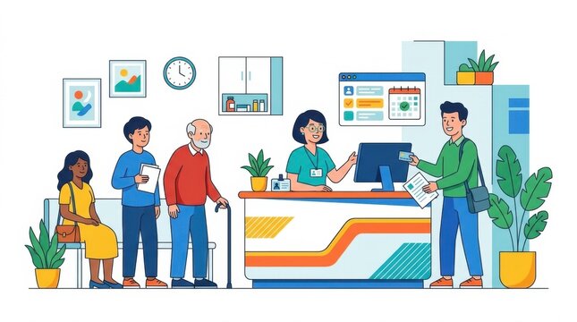 Medical clinic reception with patients waiting and paying at front desk vector illustration