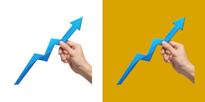 Human hand holding blue upward growth graph arrow for business performance and success transparent png