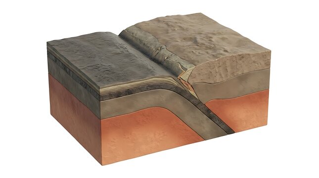 Geological diagram of a subduction zone cross section isolated on a plain white background