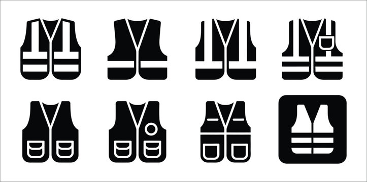 Work, safety vest and high-visibility jacket icons, protective clothing, construction worker gear, occupational safety vector illustration set.
