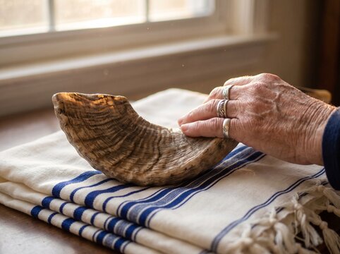 Hand gently touching a traditional Shofar horn on a white Tallit for Jewish New Year