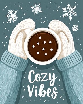 Cozy winter vibes with hot chocolate mug held in mittens illustration