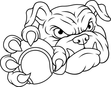 A bulldog dog tennis animal sports team mascot cartoon character holding a ball.