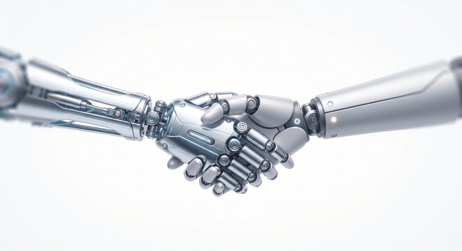 Robotic handshake symbolizing future collaboration and technological advancement in business and industry partnerships