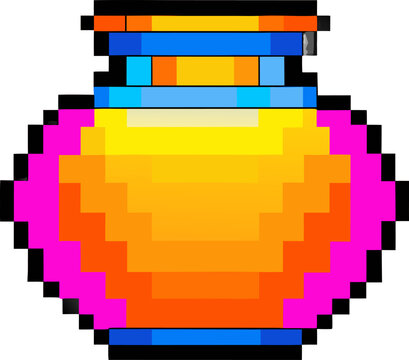 Pixel art magic potion bottle, retro 8-bit game asset with glowing liquid, fantasy RPG health or mana elixir vector icon