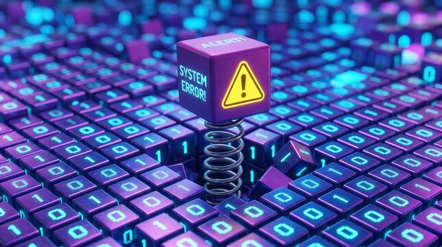 Abstract digital background of system error warning cube pop up on metallic spring from binary code matrix data stream