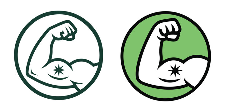 Bicep muscle icon in circular green badges symbolizes physical strength and athletic achievement.