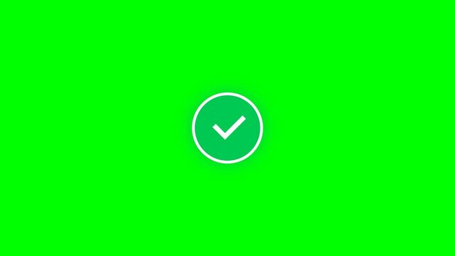 Animated green checkmark icon inside a circular button symbol isolated on a solid chroma key background for digital interface design and task completion status