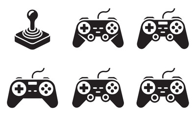 Set of black monochrome gaming devices highlighting an isometric arcade joystick and multiple wire gamepad controllers on grid pattern background. © Vectors-Stock