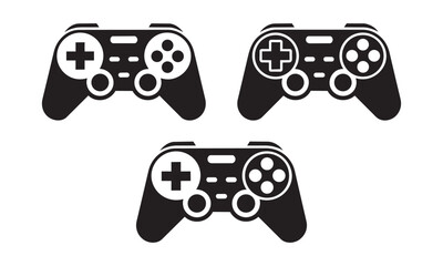 Collection of black gamepads featuring detailed button layout and ergonomic grips isolated on checkerboard background for gaming website or app development. © Vectors-Stock