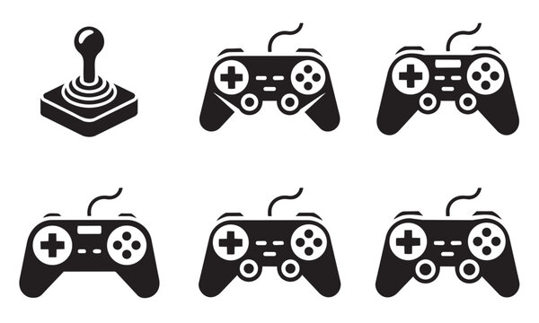 Set of black monochrome gaming devices highlighting an isometric arcade joystick and multiple wire gamepad controllers on grid pattern background.