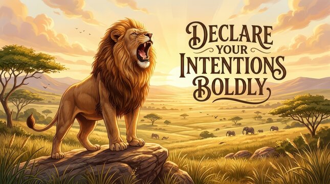 Majestic Lion Roaring on Rock in African Savanna at Sunset with Elephants and Inspirational Text 'Declare Your Intentions Boldly'