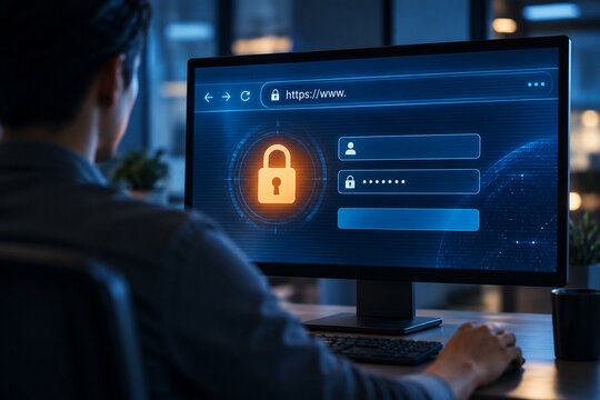 Modern computer monitor showing a secure login interface with glowing padlock, blue digital elements, and privacy protection concept for cybersecurity and online security.