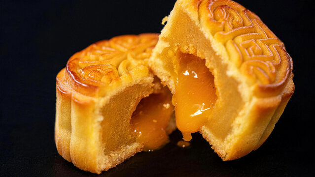 Bitten lava mooncake with molten filling flowing out