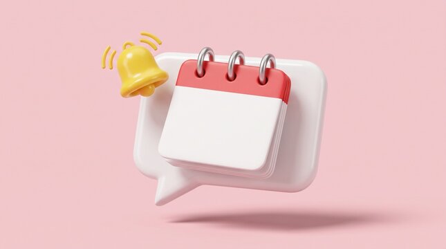A 3d calendar icon with a notification bell on a speech bubble against a pink background with render calendar