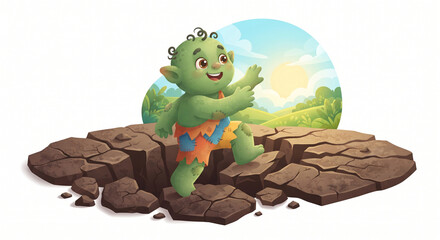 Obraz premium Cute Little Green Monster Character Walking Out of Cracked Earth Ground in Sunny Nature Landscape Illustration