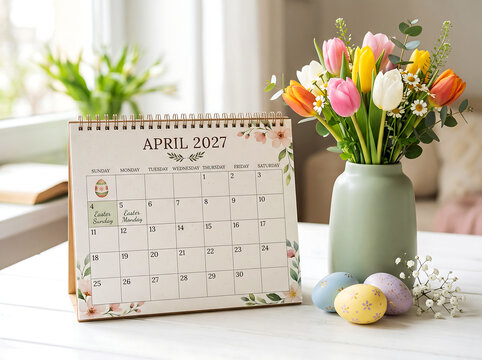 April 2027 calendar on table with tulips and spring eggs. Floral desk accessory for interior design and seasonal decoration