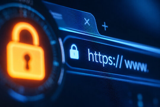 Futuristic secure website interface with glowing padlock and HTTPS address bar, representing cybersecurity, online privacy, secure access, and digital data protection.
