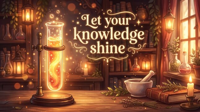 Magical laboratory with glowing test tube, old books, mortar and pestle, and inspiring text 'Let your knowledge shine'.