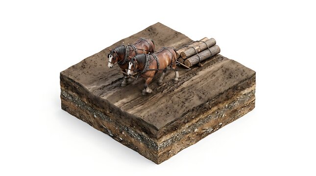 Two Draft Horses Pulling Wooden Logs on a Cross Section of Soil Isolated on White Background