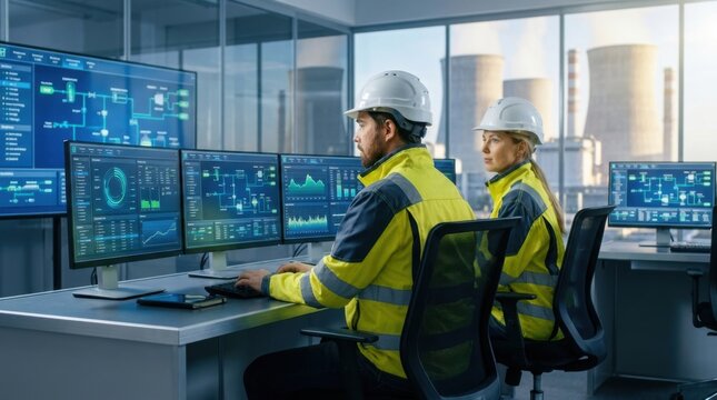 Engineers monitoring power plant data on computer screens in a control room