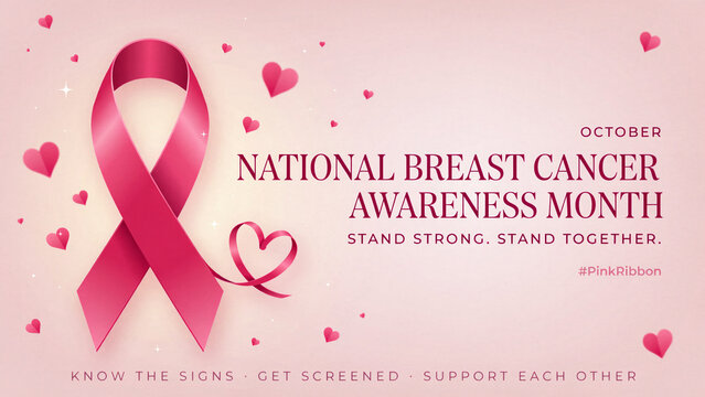 National Breast Cancer Awareness Month banner, pink ribbon with hearts on soft background, October health campaign graphic