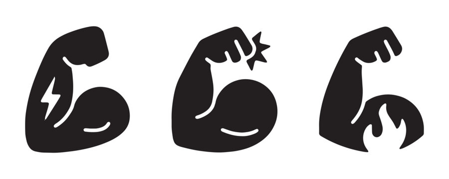 Bicep flex arm icons with lightning bolt sparkle and fire symbols for intense workout branding.