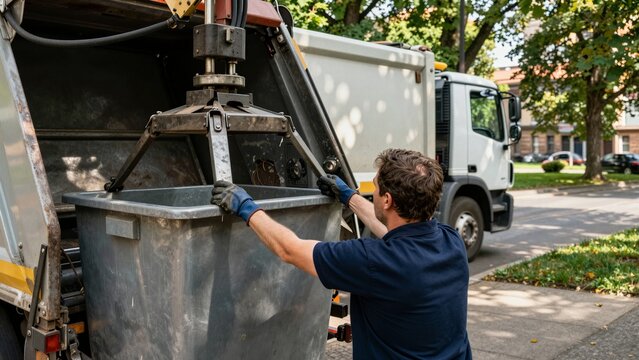 A sanitation worker in blue uniform and gloves operates a mechanical arm to load a large trash bin into a garbage truck on a sunny residential street.