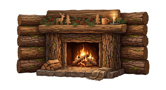 Cozy rustic log fireplace with burning fire and Christmas decorations on white background