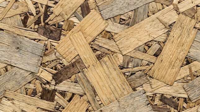 Oriented strand board texture background with compressed wooden chips and flakes, seamless OSB particle board panel surface for construction, carpentry, and interior design materials