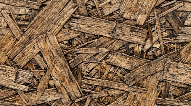 Rustic oriented strand board texture background showing compressed rough wood chips and flakes, weathered natural brown timber chipboard surface pattern for construction and design