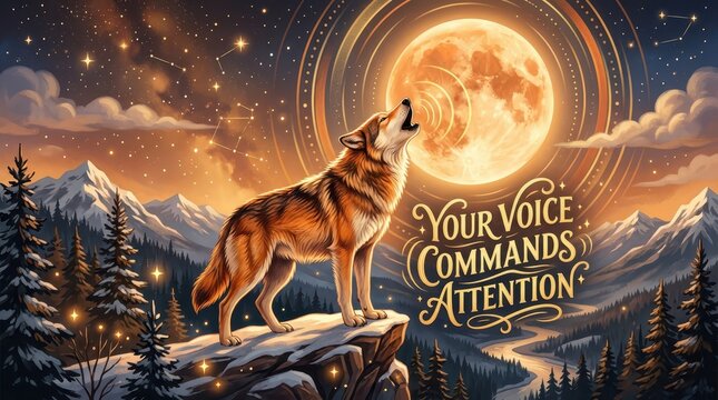 Majestic wolf howling at a glowing moon under a starry sky with constellations, majestic mountain landscape, and inspirational text