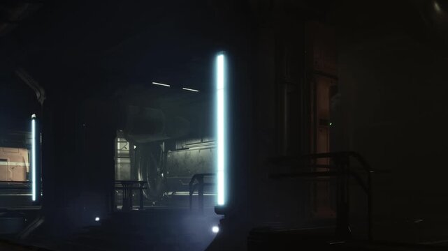 A corridor in an industrial area shows bright neon lights casting a glow. Shadows linger in the background as the space appears empty and quiet. The setting looks futuristic and slightly mysterious.