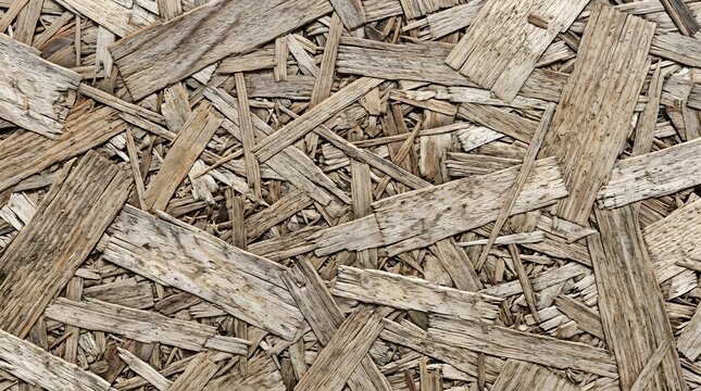 Weathered OSB wood texture background featuring compressed rough timber chips and flakes in a rustic pattern, ideal for industrial, construction, or abstract design projects