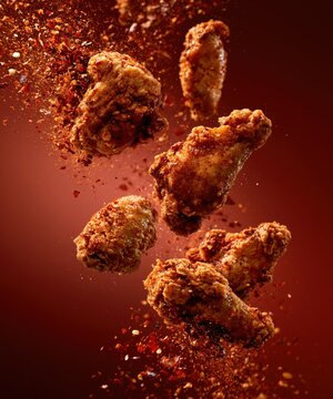 Crispy fried chicken wings flying with red chili spice powder on a dark red background.