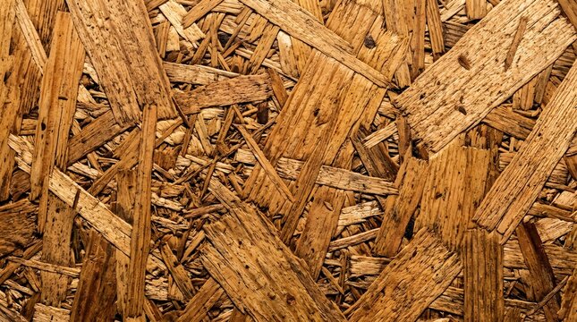 Close-Up of Oriented Strand Board OSB Texture with Rough Compressed Wood Flakes, Natural Amber Wooden Chipboard Pattern Background for Construction and Industrial Design Projects