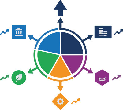 Financial pie chart infographic with growth arrows, business data visualization vector, colorful investment diversification diagram